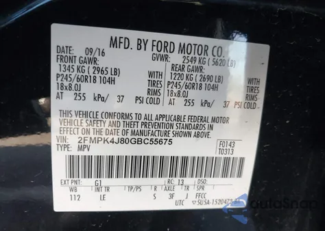 2016 Ford Edge Sel из США, поврежденный, VIN 2FMPK4J80GBC55675